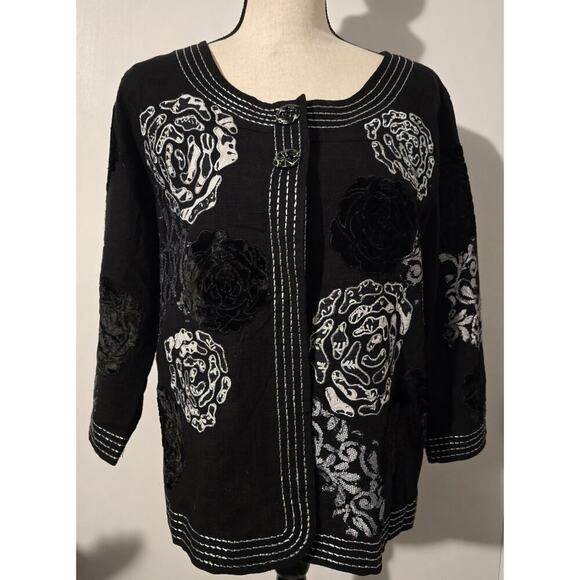 Choices Black Art to Wear Lined Kimono Jacket Silver Velvet Embroidered Dressy M - Picture 1 of 11